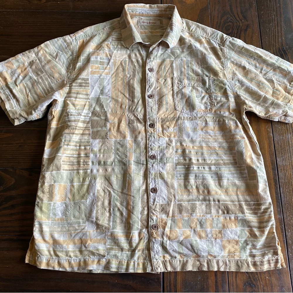 Tommy Bahama 100% Silk Short Sleeve Button Down Shirt Yellow Green Medium